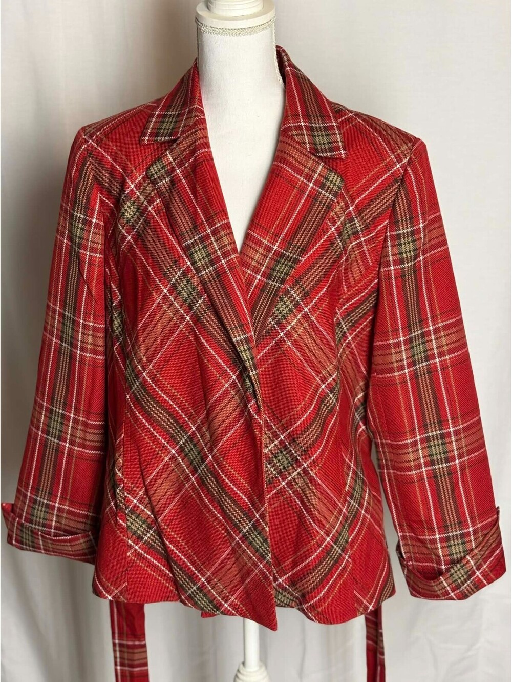 Evan-Picone Woman Plaid Light Tweed Jacket Red Open Front 3/4 Sleeve Size 18 NWT